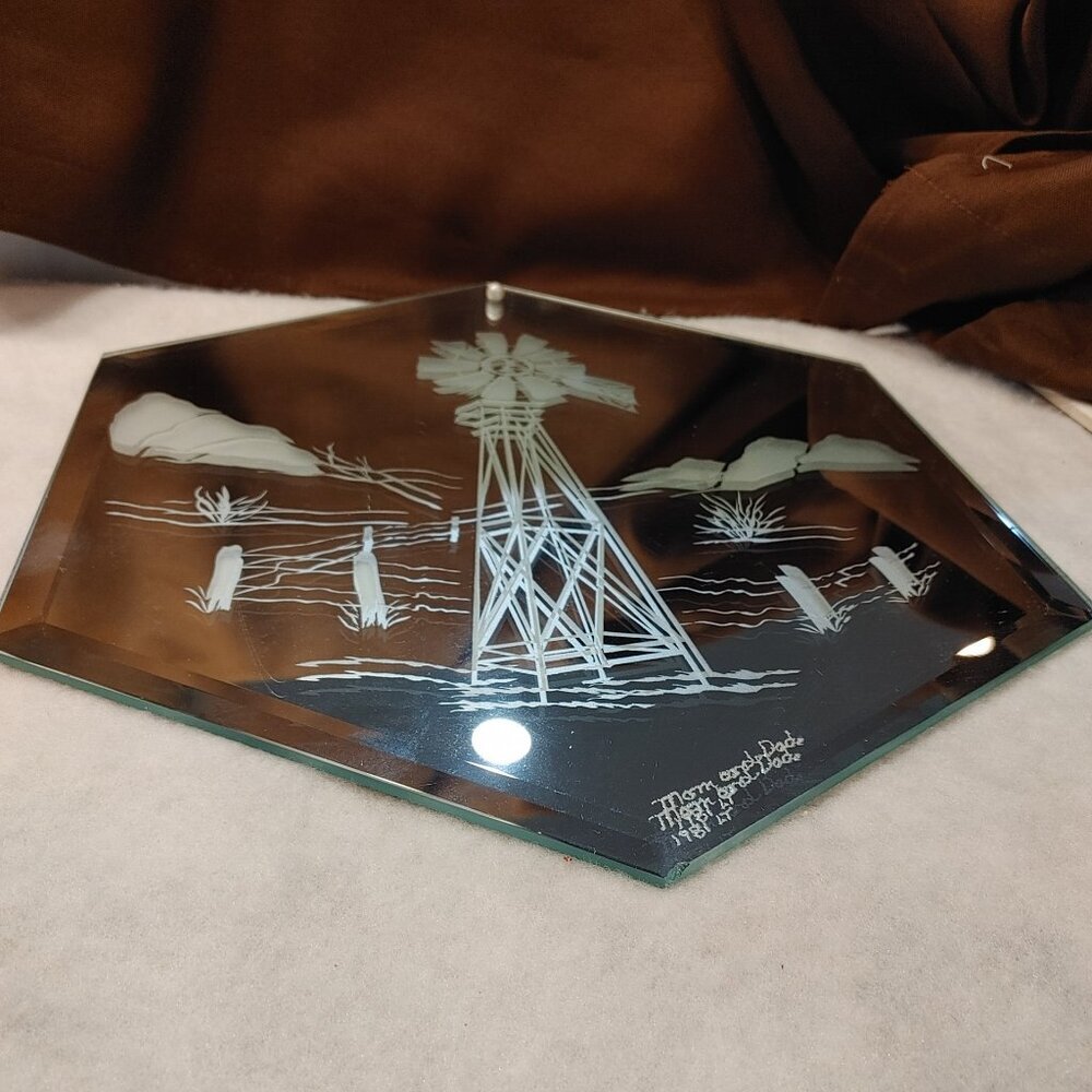 Vintage Art Deco Octagon Wall Mirror Etched Glass - Picture 3 of 5